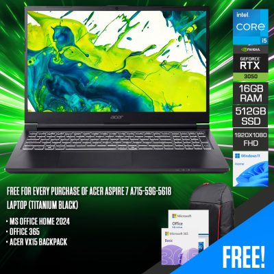 Acer Aspire 7 A715-59G-76RM Intel Core 7 240H 16GB RAM 512GB SSD RTX 3050 6GB 15.6" FHD 144Hz Titanium Black