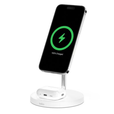 Belkin Wireless Charger Stand with MagSafe and BOOST CHARGE PRO 15W 2-in-1 White (UK Plug)