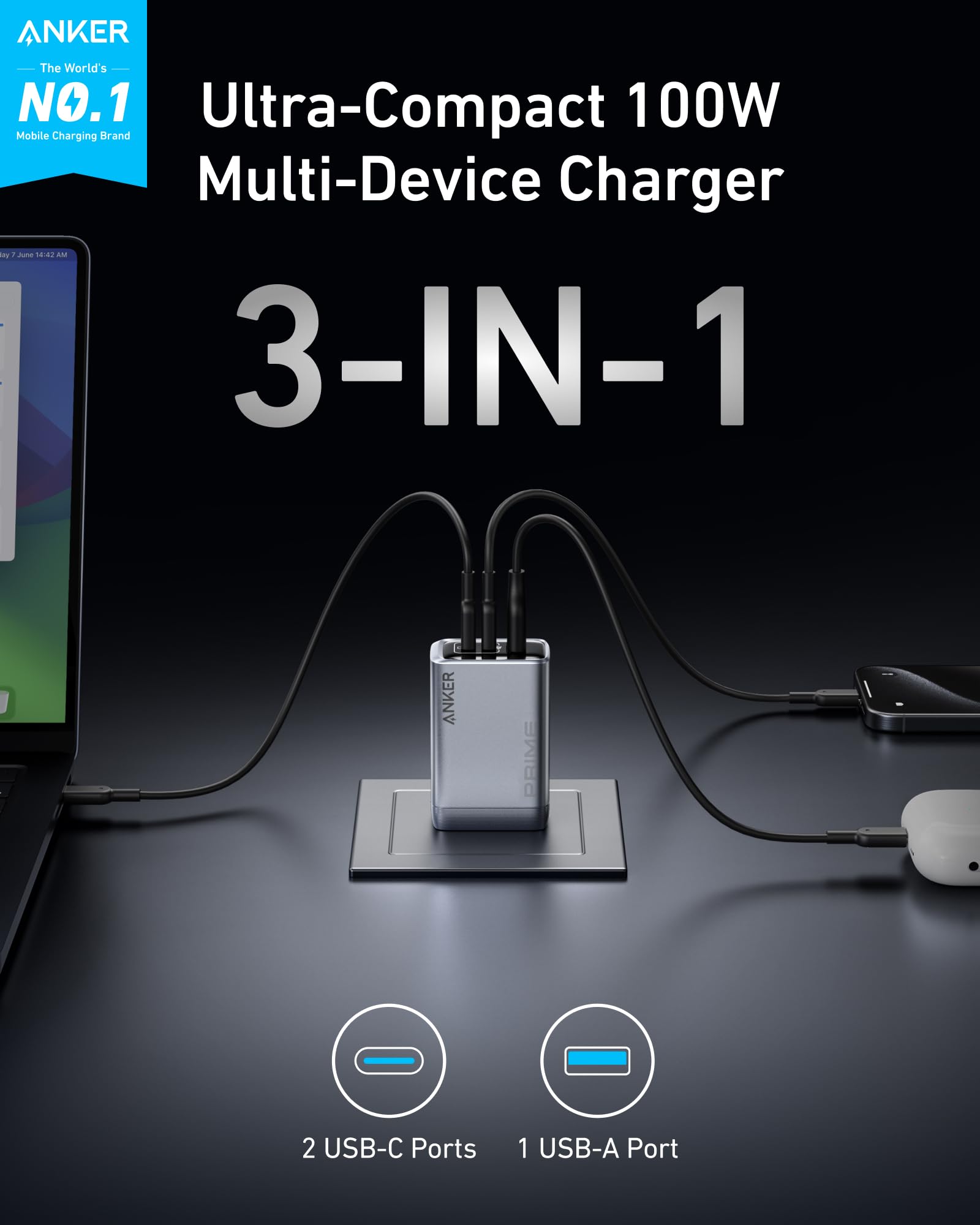 Anker Prime Charger (100W, 3 Ports, GaNPrime) Silver 2 Anker Prime Charger (100W, 3 Ports, GaNPrime) Silver - Image 2