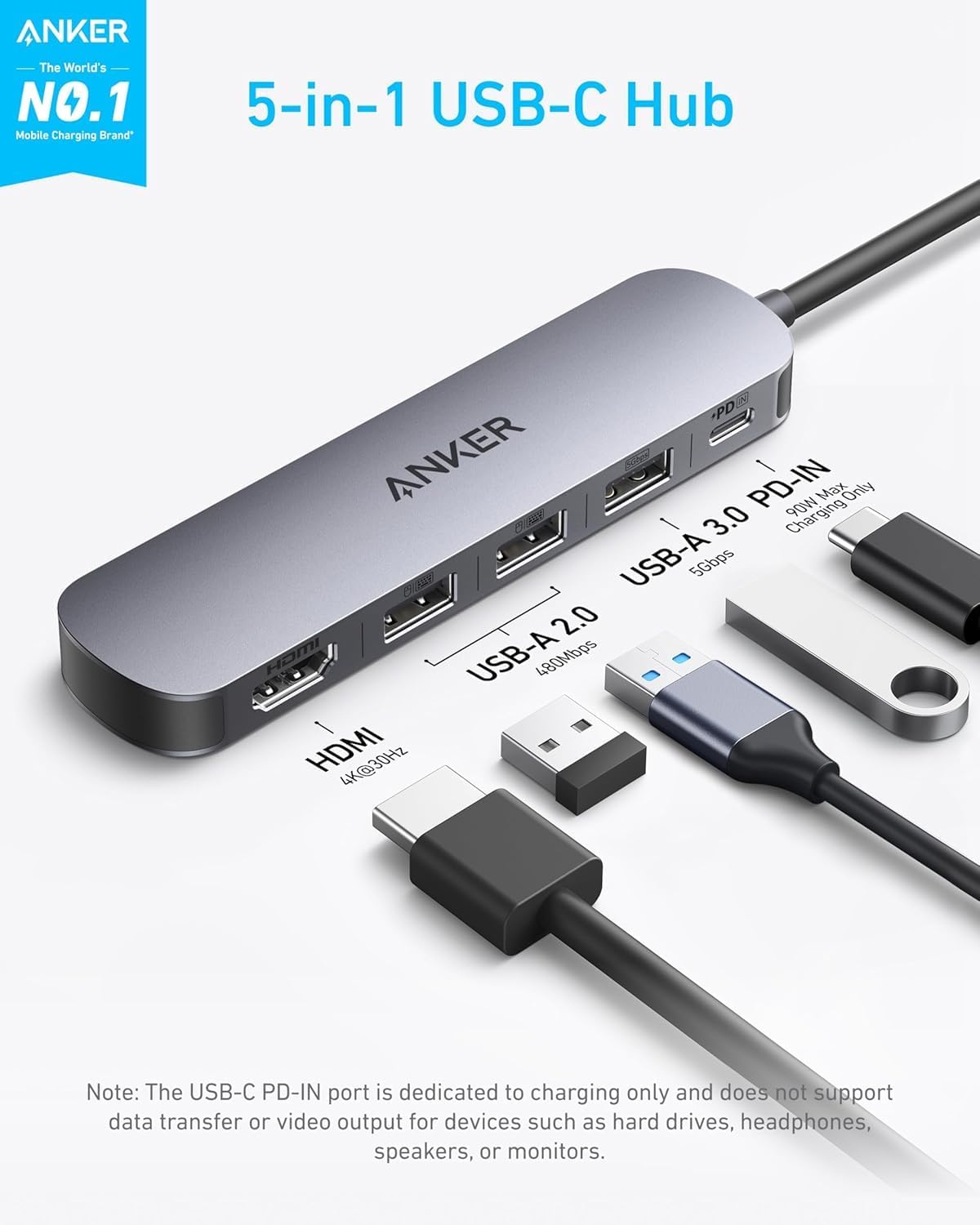 Anker USB-C Hub (5-in-1, 4K HDMI) Gray 2 Anker USB-C Hub (5-in-1, 4K HDMI) Gray - Image 2