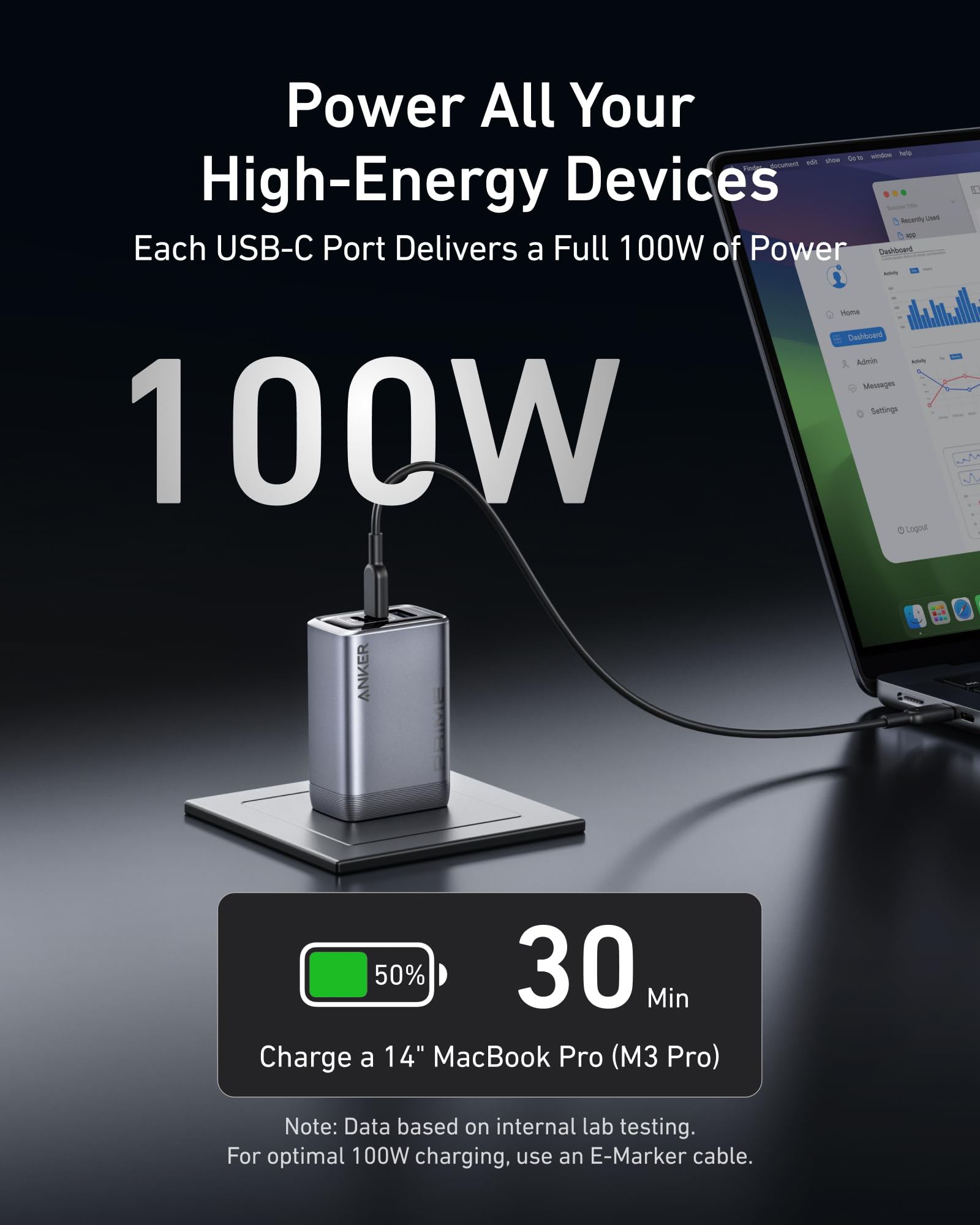 Anker Prime Charger (100W, 3 Ports, GaNPrime) Silver 3 Anker Prime Charger (100W, 3 Ports, GaNPrime) Silver - Image 3