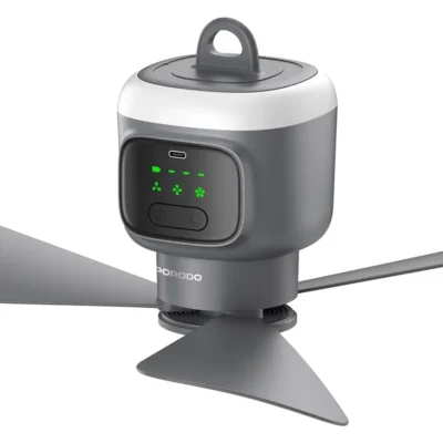 Porodo Lifestyle Camping Rechargeable Ceiling Fan with Smart Display Panel Gray