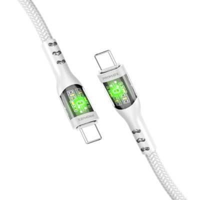 Promate TransLine 60W PD Ultra-Fast USB-C Transparent Cable with LED, 1.2m (TRANSLINE-CC.WHITE)