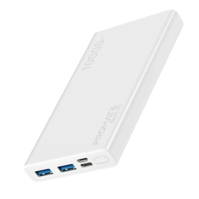 Promate Bolt-10 10000mAh Compact Smart Charging Power Bank, Dual USB Output (Bolt-10.WHITE)