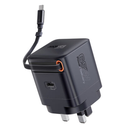 Promate Cubix-R65 65W PD GaNFast Charger with Retractable USB-C Cable, UK (CUBIX-R65.UK.WHITE)