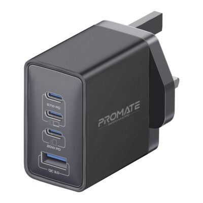 Promate GanPort4-67PD 67W PD GaNfast Charger, 4-Device Charging, UK (GANPORT4-67PD.BLACK.UK)