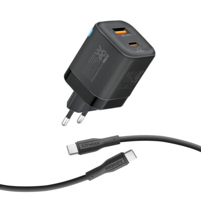 Promate PowerPort-25CC Charging Kit, 25W Wall Charger + 60W USB-C Cable, Transparent (PowerPort-25CC.Black.UK)