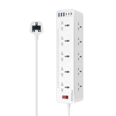 Promate PowerMatrix2-5M 10AC Socket Power Strip, 33W USB-C PD, QC 3.0, 6 USB Ports, 5m, UK (POWERMATRIX2-5M.UK)