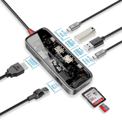 Promate TransHub-Mini 8-in-1 Transparent Ultra-Fast Multiport USB-C Hub, 100W PD, 4K HDMI, LAN (TRANSHUB-MINI)