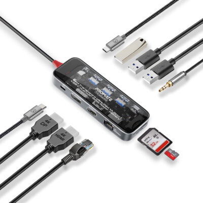 Promate TransHub-Pro 11-in-1 Transparent Ultra-Fast Multi-Port USB-C Hub, 100W PD, 4K HDMI & DP, LAN (TRANSHUB-PRO)