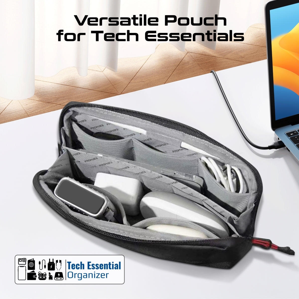 Promate Vali Lightweight Tech Accessory Pouch, Nylon Fabric, Multiple Pockets (VALI.BLACK/BLUE) 2 Promate Vali Lightweight Tech Accessory Pouch, Nylon Fabric, Multiple Pockets (VALI.BLACK/BLUE) - Image 2