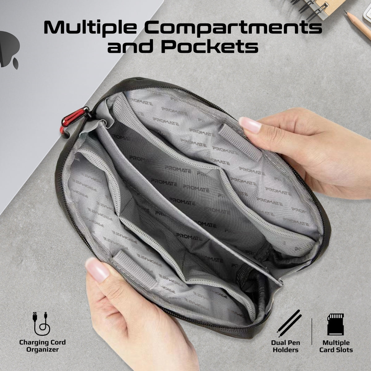 Promate Vali Lightweight Tech Accessory Pouch, Nylon Fabric, Multiple Pockets (VALI.BLACK/BLUE) 3 Promate Vali Lightweight Tech Accessory Pouch, Nylon Fabric, Multiple Pockets (VALI.BLACK/BLUE) - Image 3