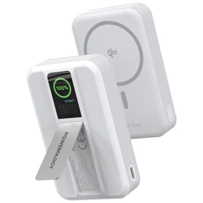 Powerology Vision 10000mAh 30W PD Dual Type-C 15W Qi2 Powerbank with TFT Screen White