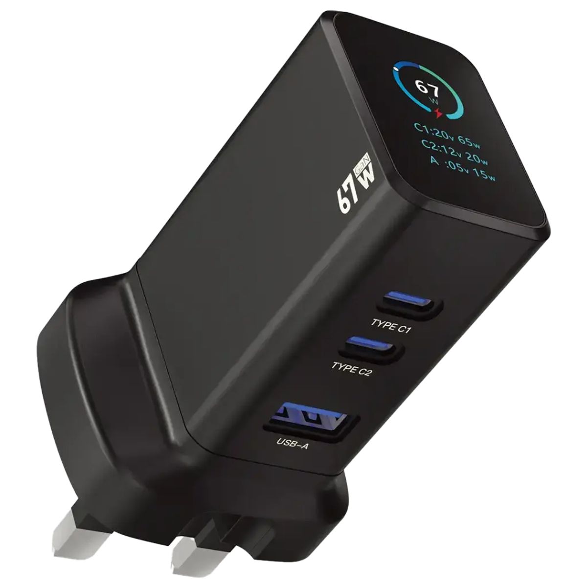 Powerology Ganex 67W Wall Charger C+C+A With TFT Display Black 1 Powerology Ganex 67W Wall Charger C+C+A With TFT Display Black