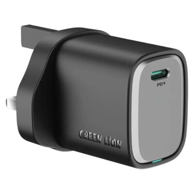 Green Lion Supra 33W GaN UK Wall Charger USB A&C with USB C to C Cable Black Grey