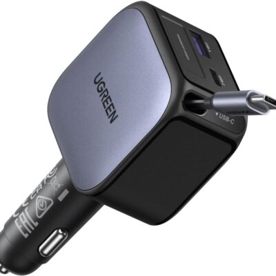 UGREEN EC602 60W Car Charger with Retractable Cable 1 USB-C 1 USB-A
