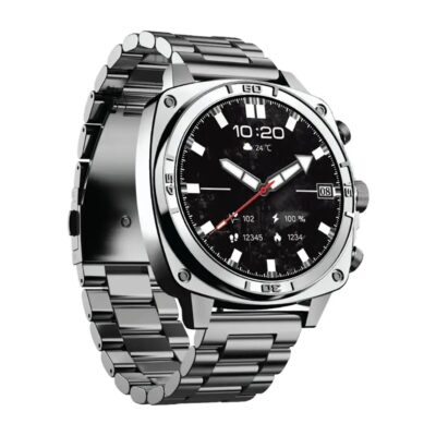 Porodo Chrono Steel Amoled 1.43 Inch Smart Watch Silver Dial Wireless Charging with Adjustable Tool and Metal Strap Silver