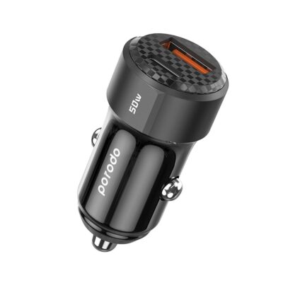 Porodo 50W Dual Port Car Charger PD 20W QC 30W with C to L Cable Black