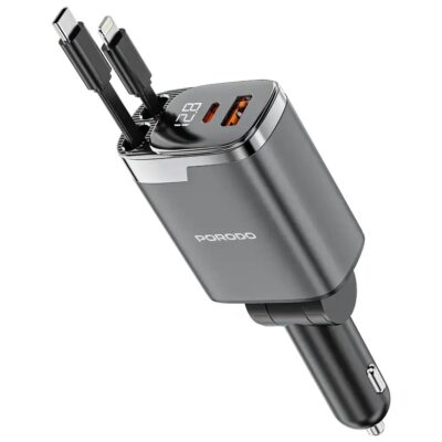 Porodo Car Charger with PD45W Retractable Type-C and Lightning Total Output 105W Black