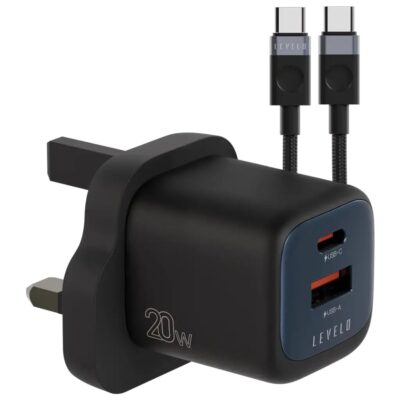 Levelo Vero 20W GaN UK Adapter With USB-A and Type-C Ports and C to C Cable Black