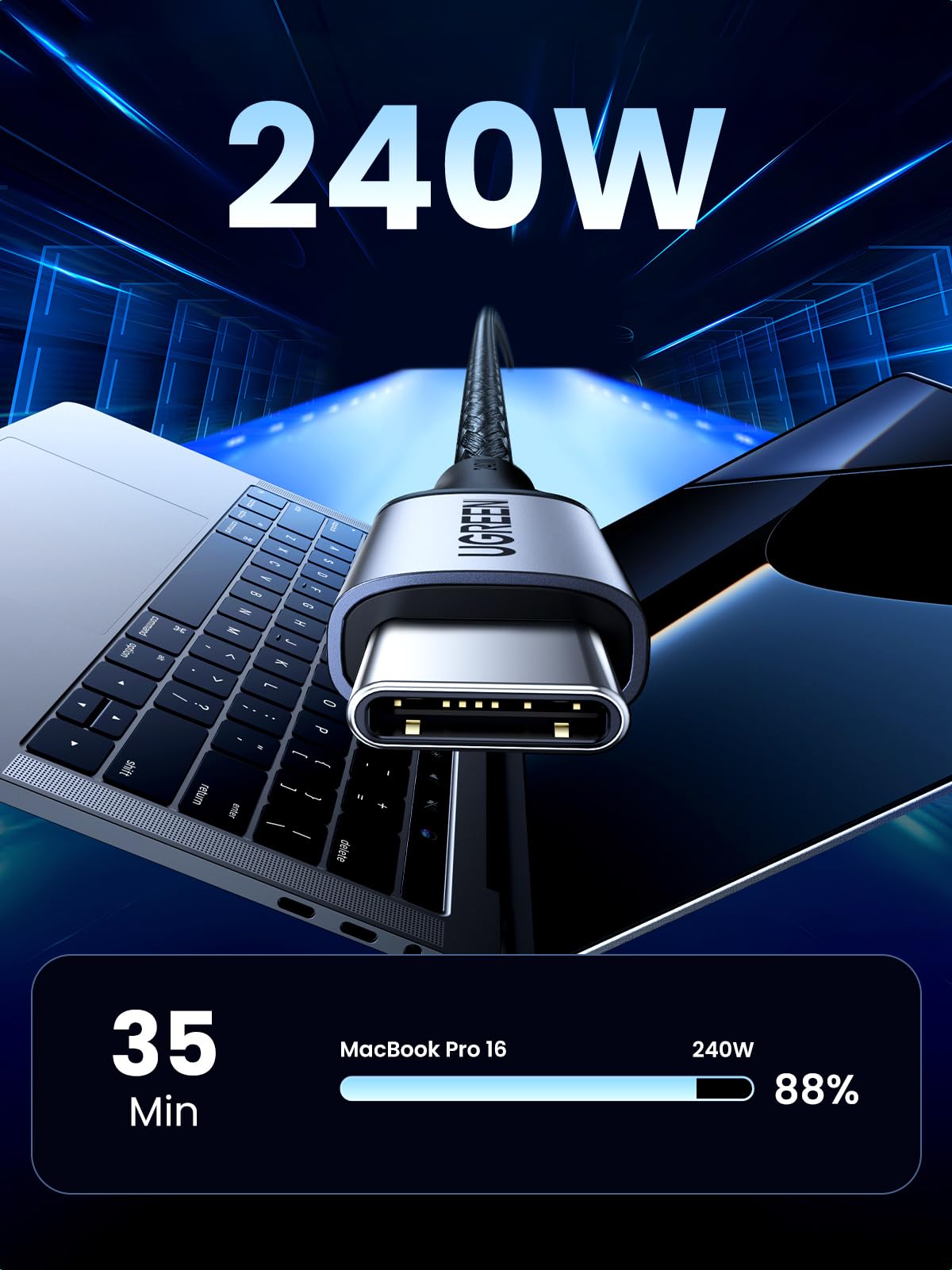 UGREEN US535 240W USB-C to USB-C PD Fast Charging Cable 1m Space Gray 2 UGREEN US535 240W USB-C to USB-C PD Fast Charging Cable 1m Space Gray - Image 2